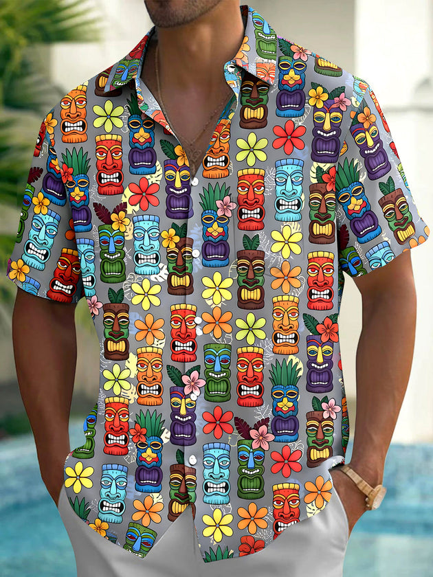Hawaiian Tiki Floral Men's Pocket Short Sleeve Shirts