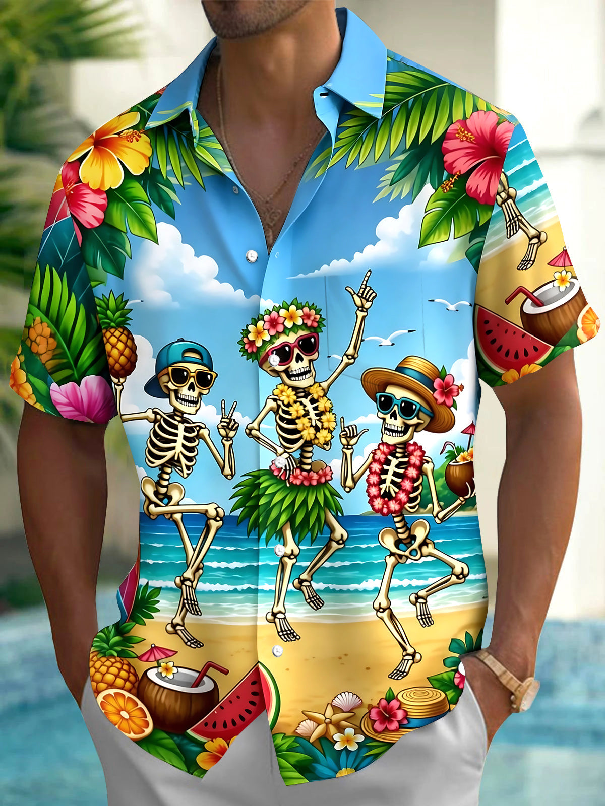 Hawaiian Skull Men's Pocket Short Sleeve Shirts