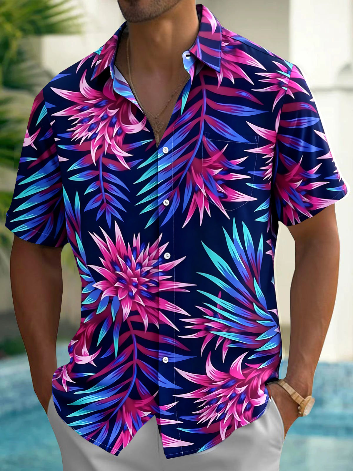 Hawaiian Floral Men's Pocket Short Sleeve Shirts