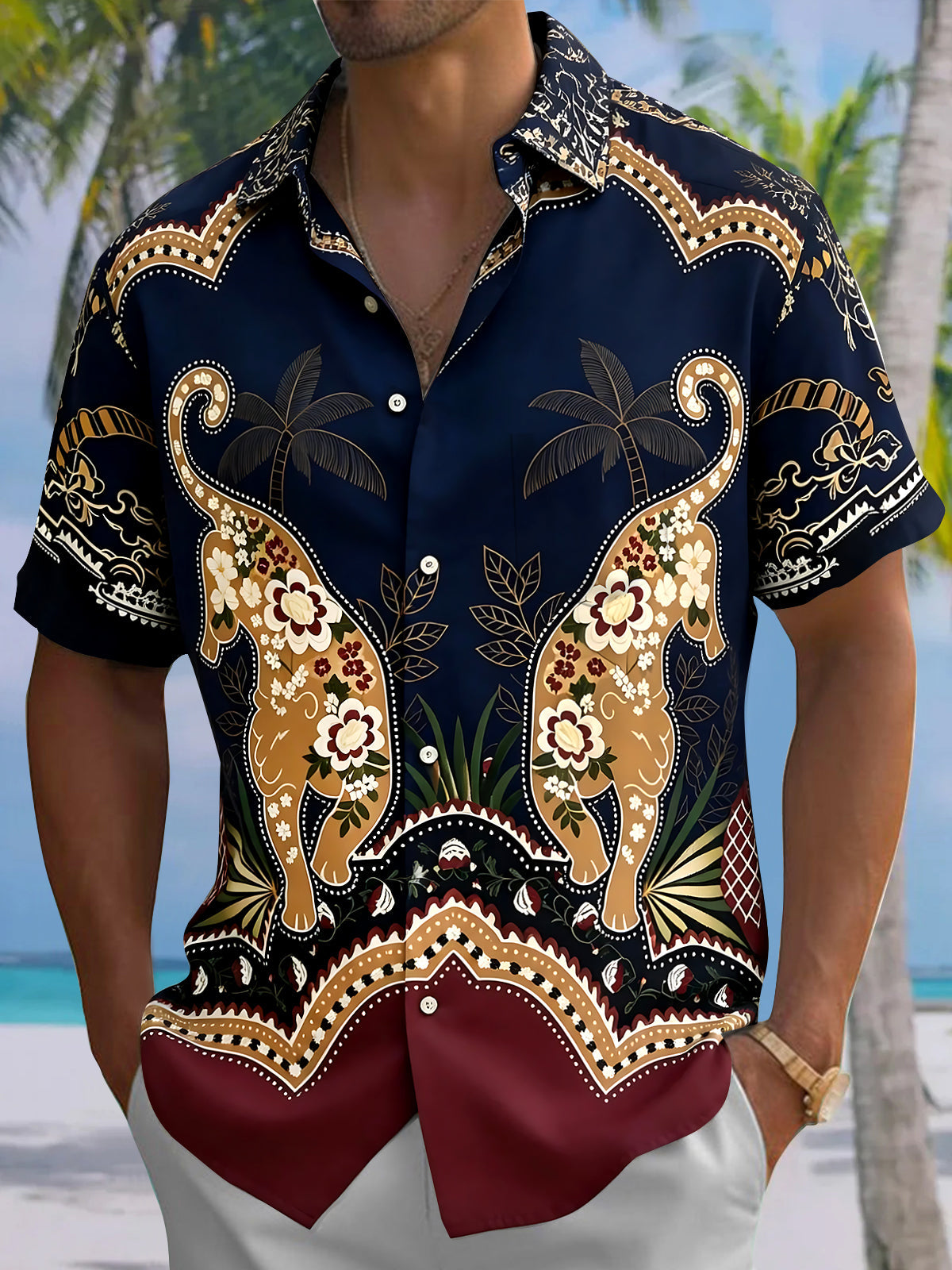Vintage Cheetah Coconut Tree Men's Pocket Short Sleeve Shirts
