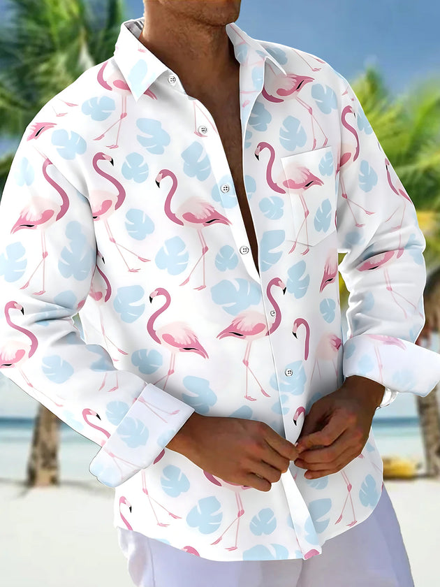Hawaiian Flamingo Men's Pocket Long Sleeve Shirts