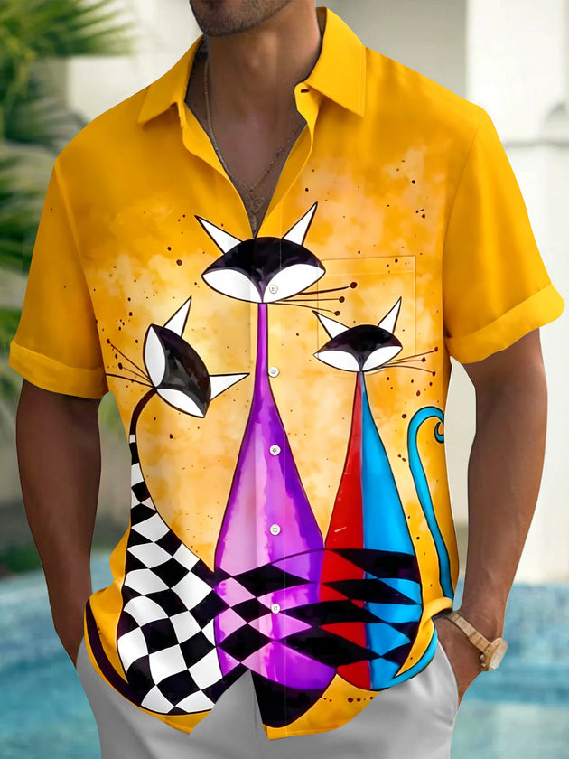 Vintage Geometry Cat Men's Pocket Short Sleeve Shirts