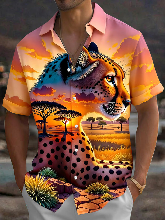 Forest Cheetah Men's Pocket Short Sleeve Shirts
