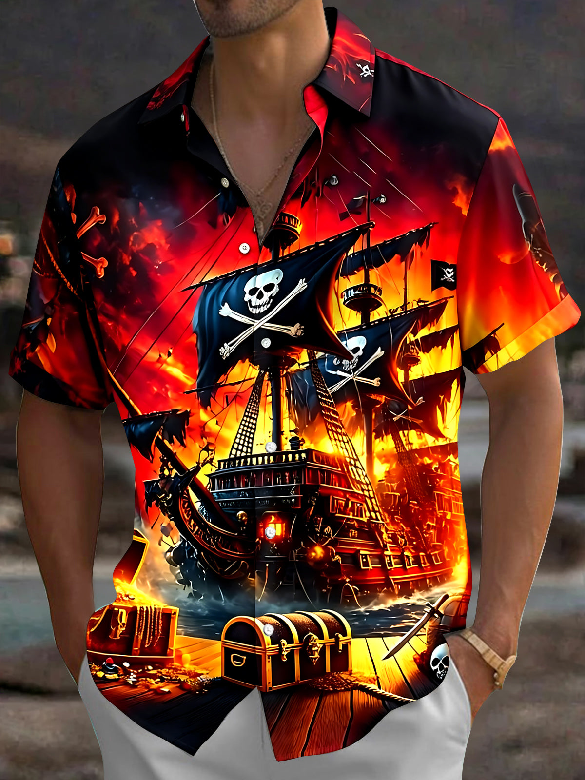 Dark Pirate Ship Men's Pocket Short Sleeve Shirts