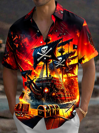 Adaychic Men's Graphic 3D Pirate Ship Skull Treasure Print Short Sleeve Button Down Shirt with Chest Pocket