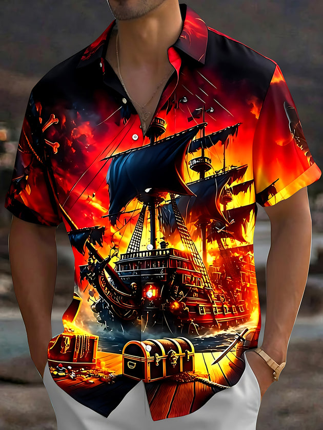 Adaychic Men's Graphic 3D Pirate Ship Skull Treasure Print Short Sleeve Button Down Shirt with Chest Pocket