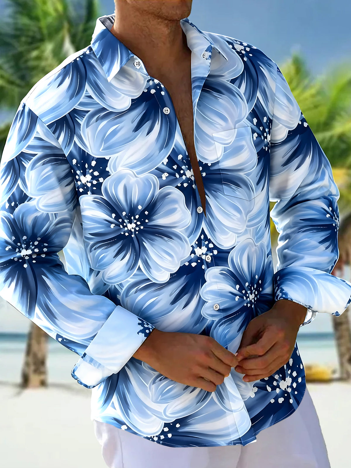 Floral Men's Pocket Long Sleeve Shirts
