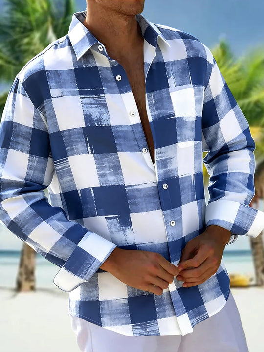 Geometry Checkered Pattern Men's Pocket Long Sleeve Shirts