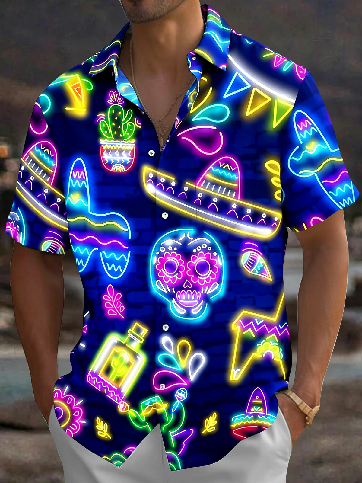 Adaychic Men's Graphic Neon Mexican Sugar Skull Print Short Sleeve Button Down Shirt with Chest Pocket