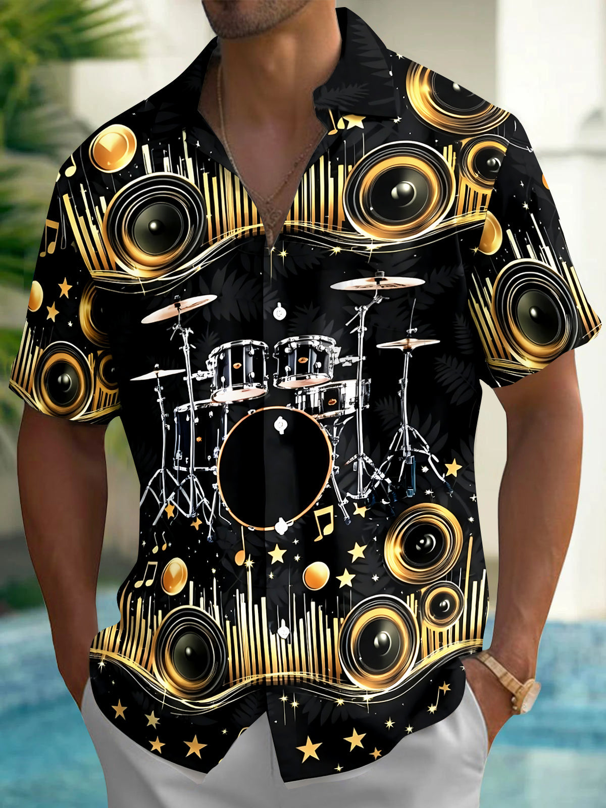 Adaychic Men's Graphic 3D Drum Set Speaker Music Print Short Sleeve Button Down Shirt with Chest Pocket