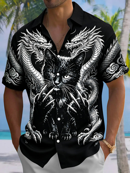 Dark Dragon Cat Men's Pocket Short Sleeve Shirts