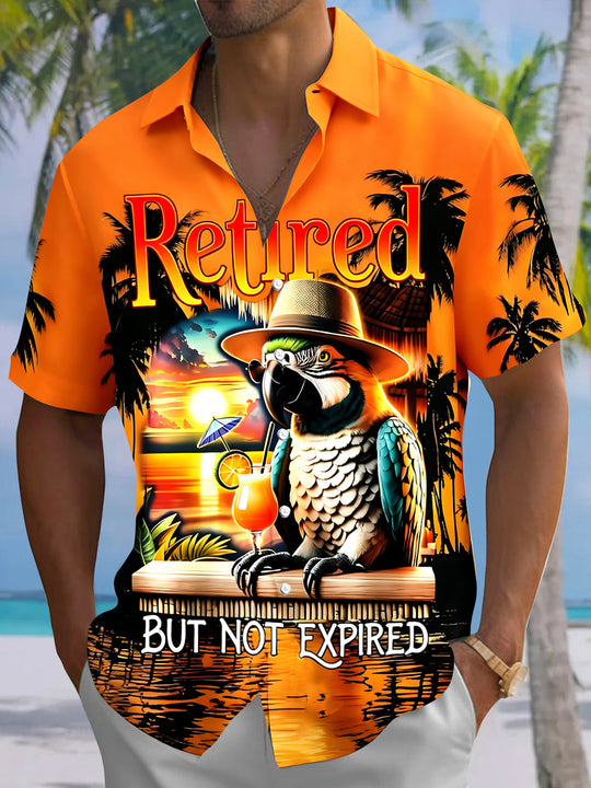 Hawaiian Parrot Coconut Tree Sunset Retired Men's Pocket Short Sleeve Shirts