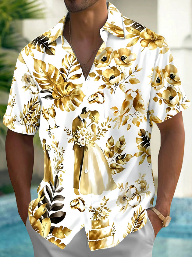 Art Wedding Floral Men's Pocket Short Sleeve Shirts