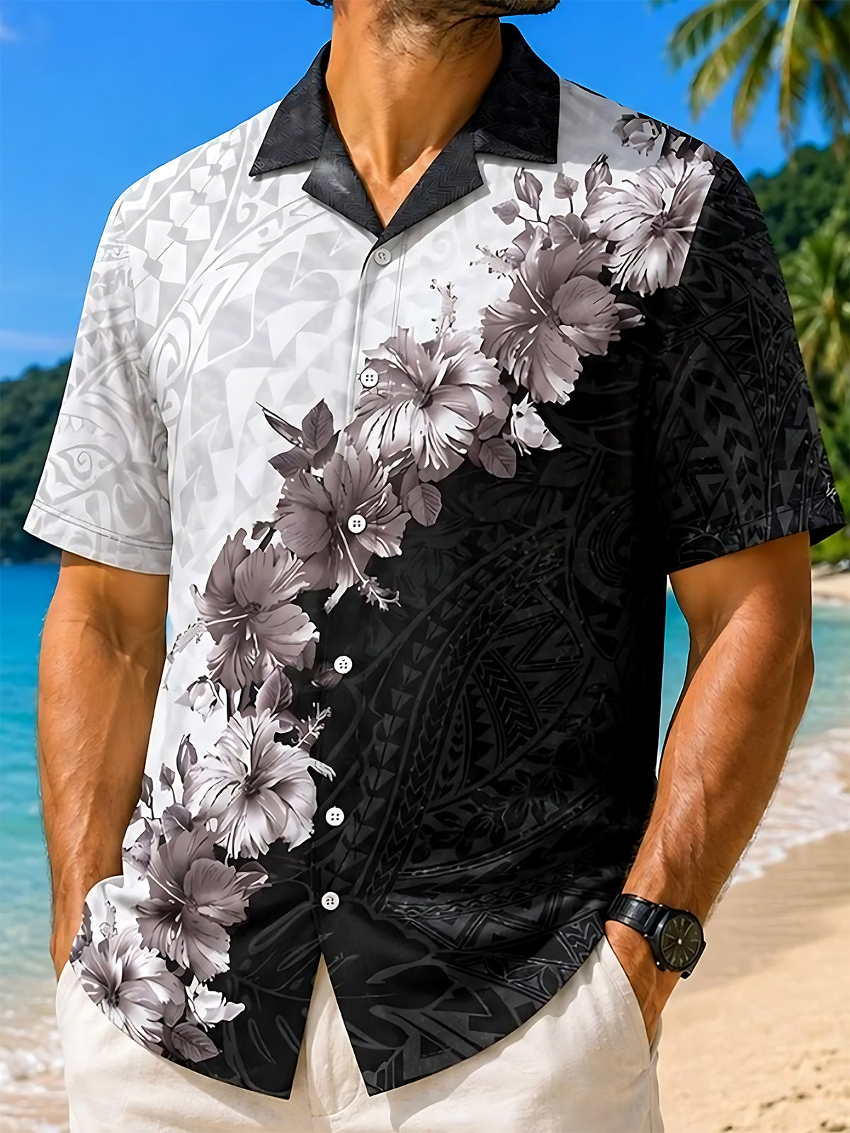 Adaychic Men's Hawaiian Hibiscus Tribal Floral Print Short Sleeve Button Down Shirt with Chest Pocket
