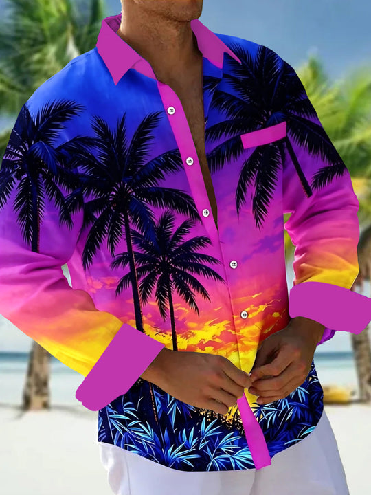 Hawaiian Coconut Trees Sunset Men's Pocket Long Sleeve Shirts