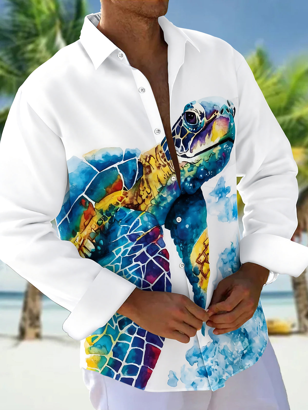 Adaychic Men's Graphic Watercolor Sea Turtle Print Long Sleeve Button Down Shirt with Chest Pocket