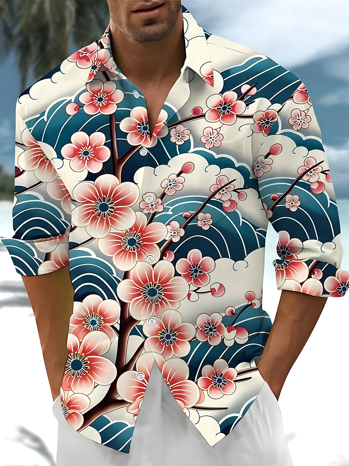 Hawaiian Floral Men's Pocket Long Sleeve Shirts