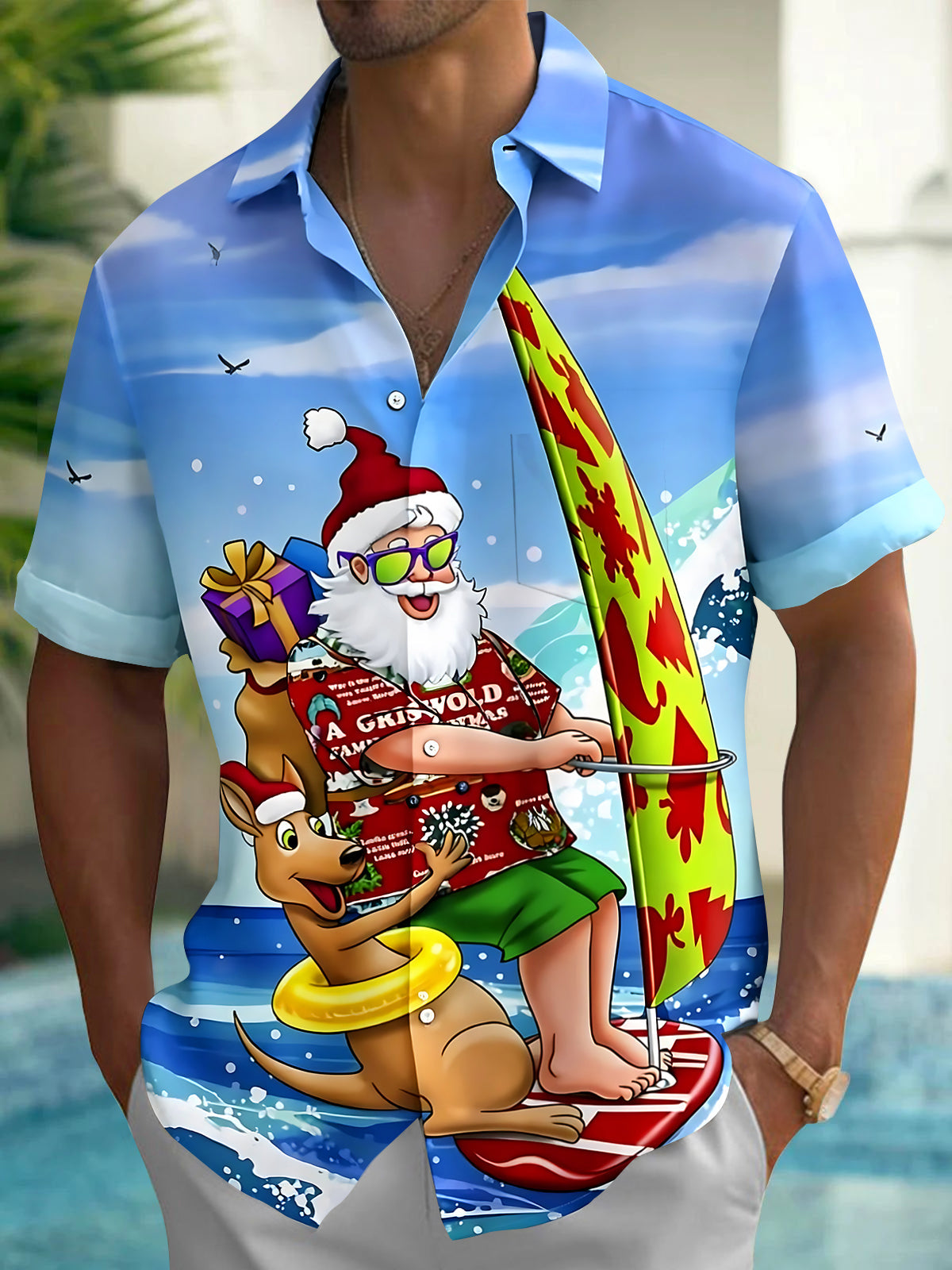 Adaychic Men's Graphic Santa Claus Surfing Kangaroo Print Short Sleeve Button Down Shirt with Chest Pocket