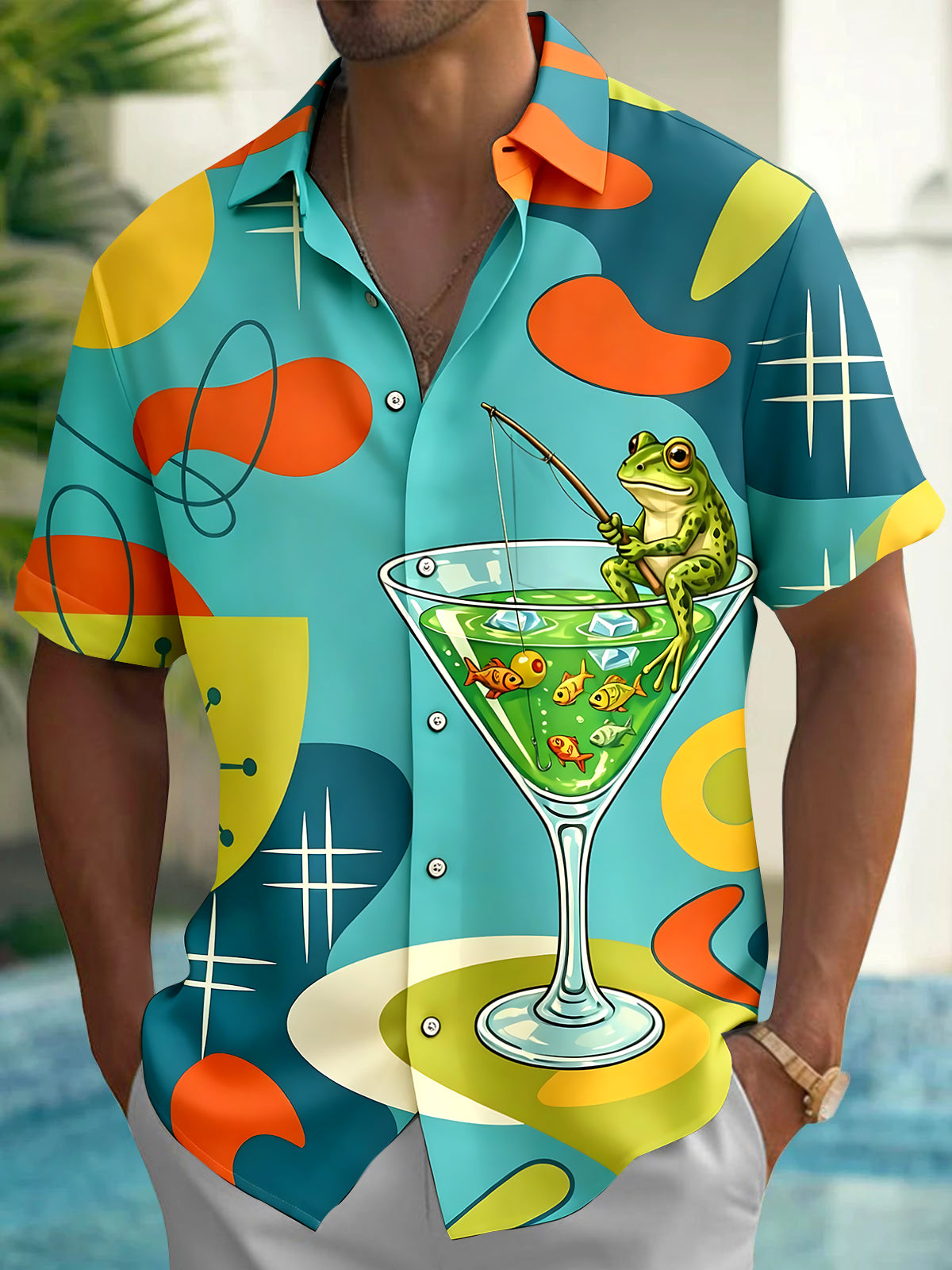 Vintage Geometry Cocktail Frog Men's Pocket Short Sleeve Shirts