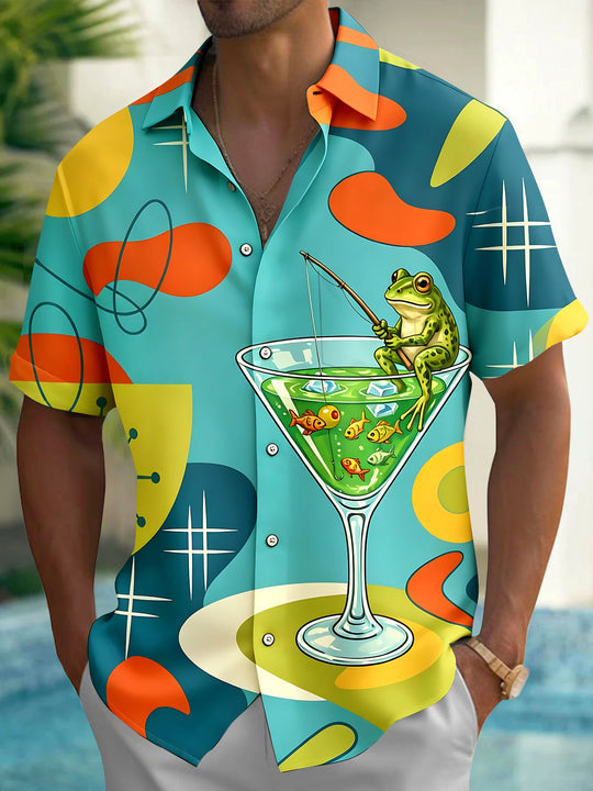 Vintage Geometry Cocktail Frog Men's Pocket Short Sleeve Shirts