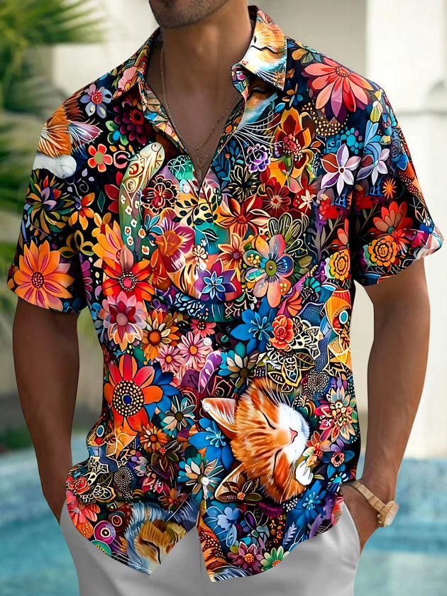 Cat Floral Men's Pocket Short Sleeve Shirts