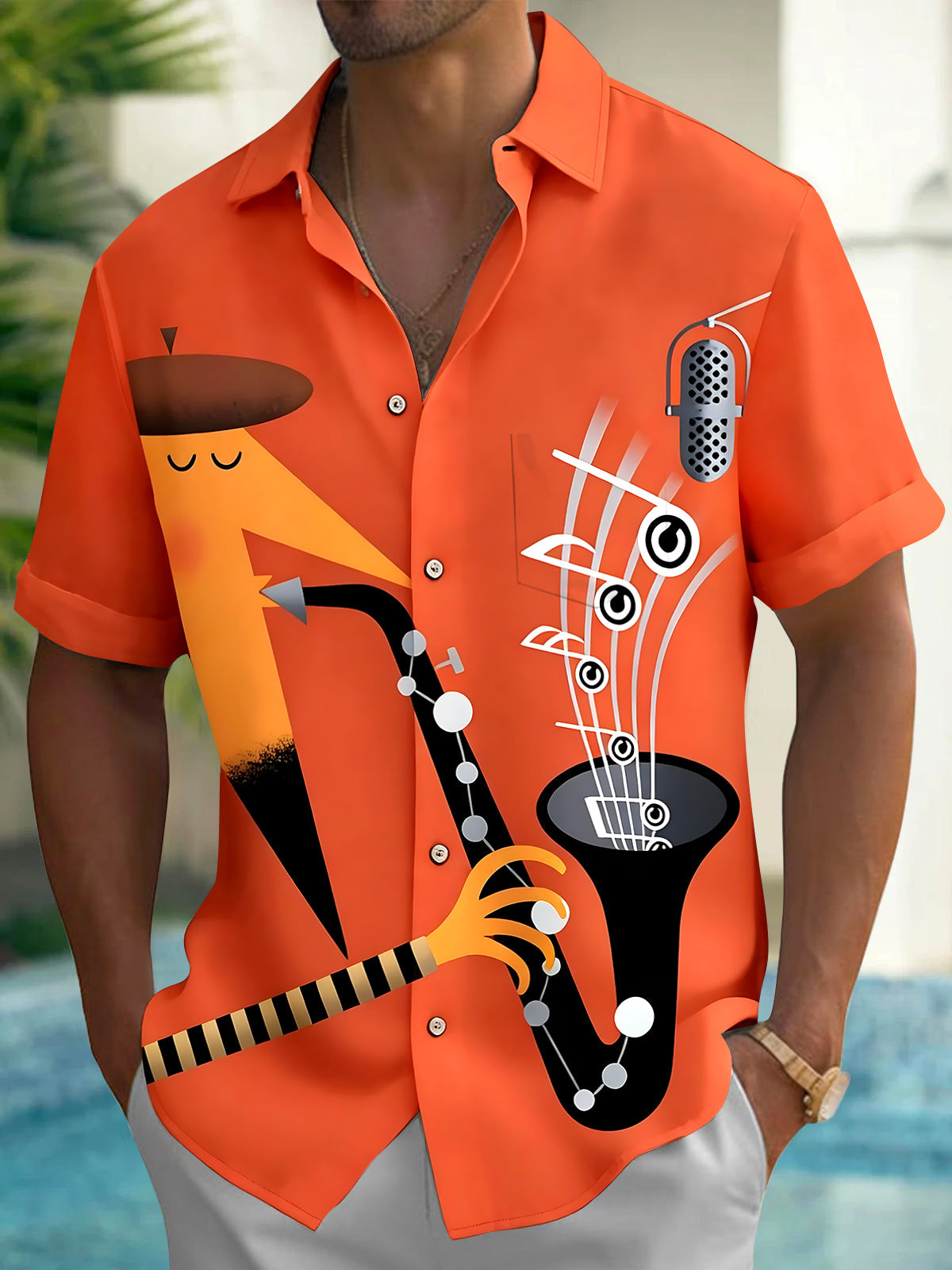 Adaychic Men's Abstract Jazz Saxophone Microphone Graphic Print Short Sleeve Button Down Shirt with Chest Pocket