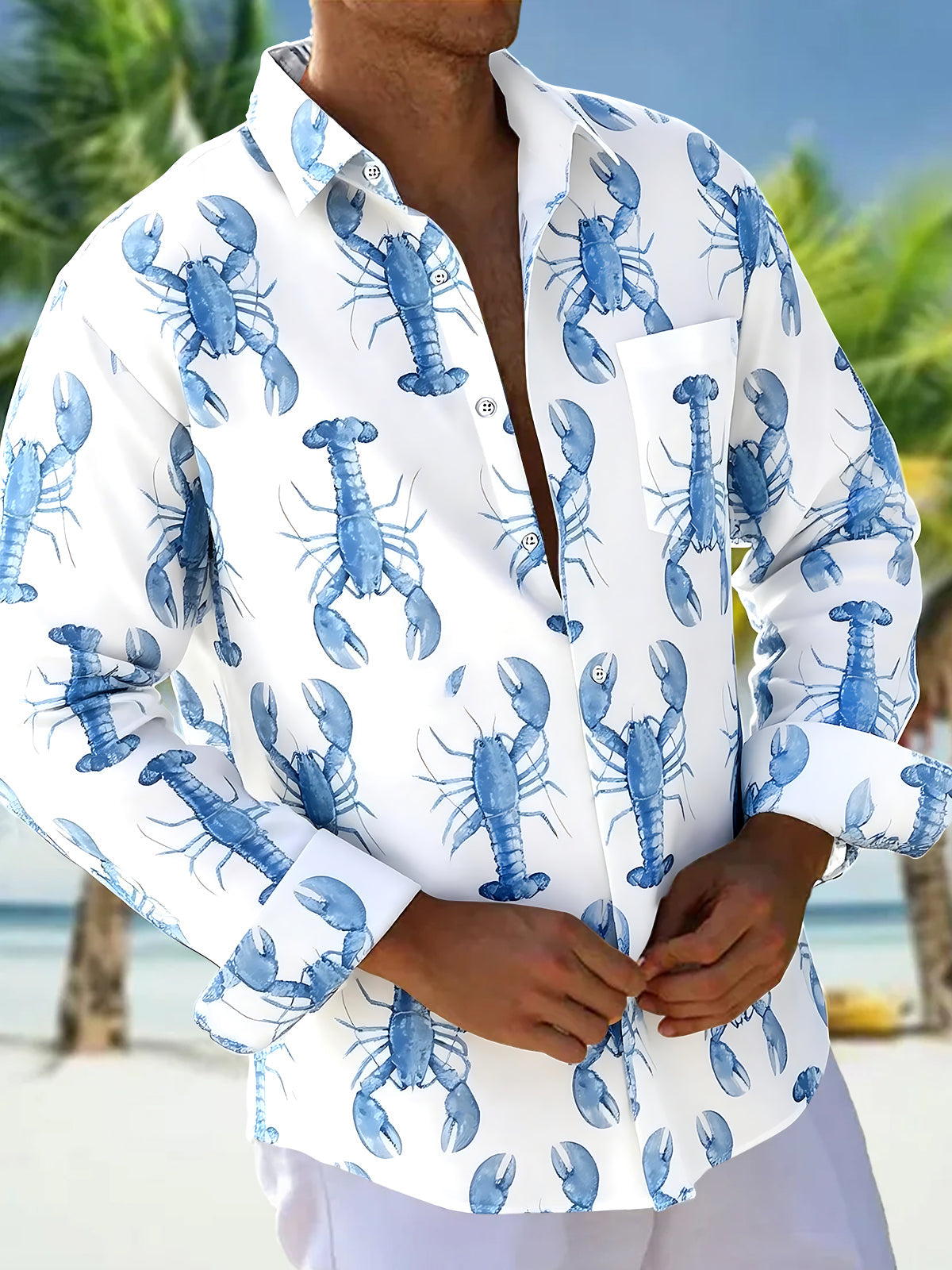 Adaychic Men's Graphic Blue Lobster Pattern Print Long Sleeve Button Down Shirt with Chest Pocket