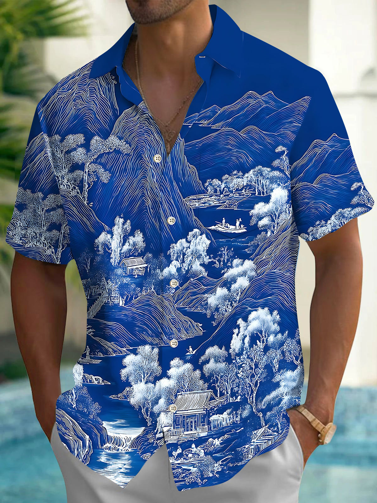 Adaychic Men's Graphic Blue Landscape Pattern Print Short Sleeve Button Down Shirt with Chest Pocket