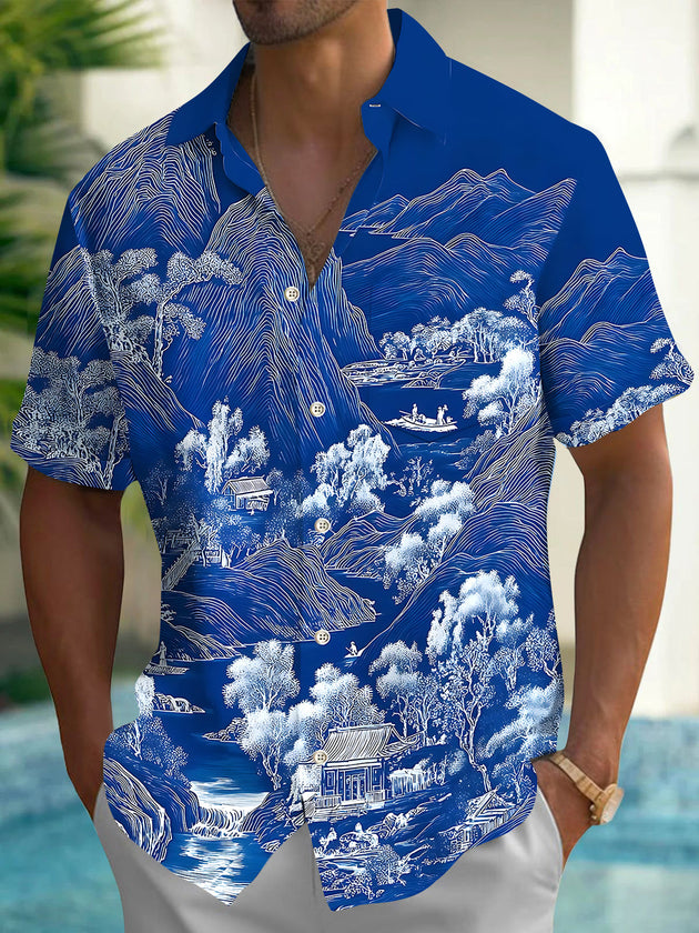 Chinese Landscape Mountains Hills Men's Pocket Short Sleeve Shirts