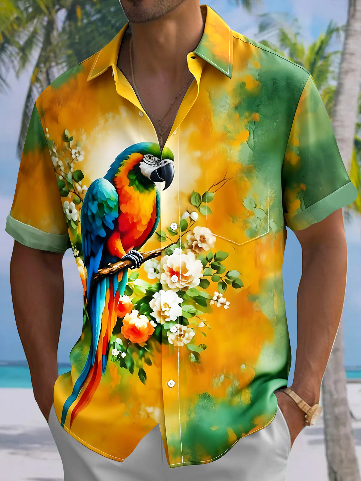 Adaychic Men's Parrot Floral Tropical Print Short Sleeve Button Down Shirt with Chest Pocket
