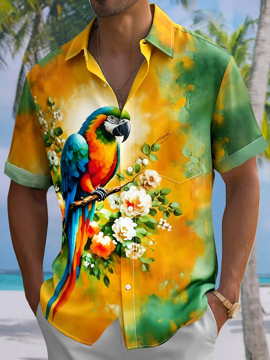 Tie Dye Hawaiian Parrot Floral Men's Pocket Short Sleeve Shirts