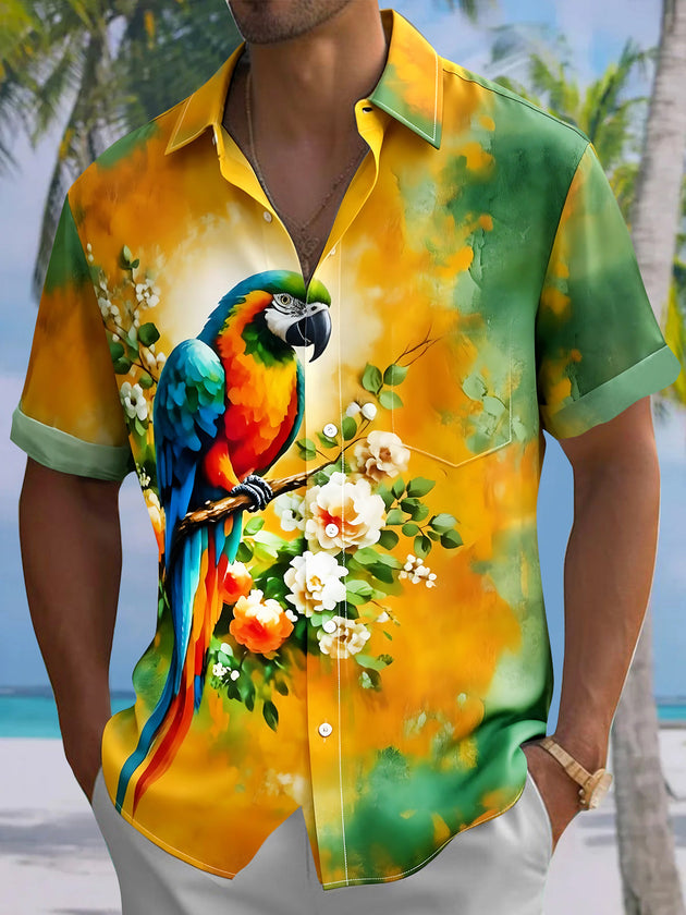 Tie Dye Hawaiian Parrot Floral Men's Pocket Short Sleeve Shirts