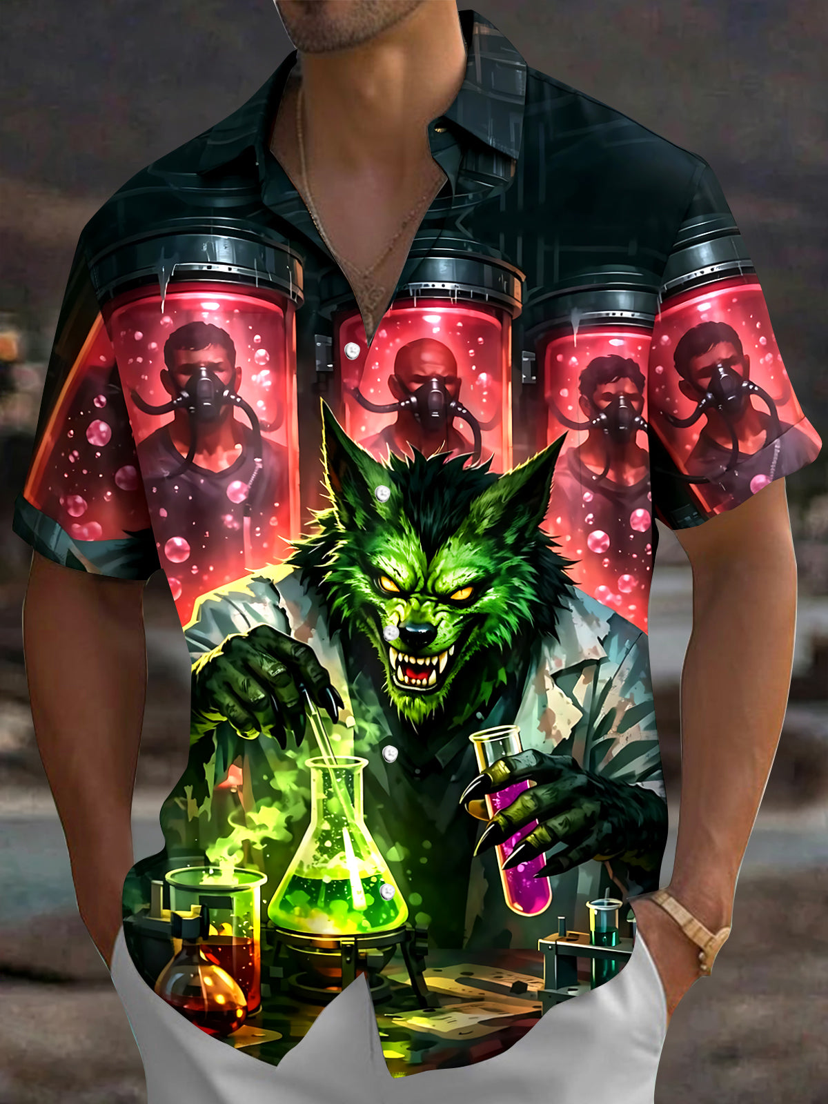 Dark Werewolf Mad Scientist Men's Pocket Short Sleeve Shirts