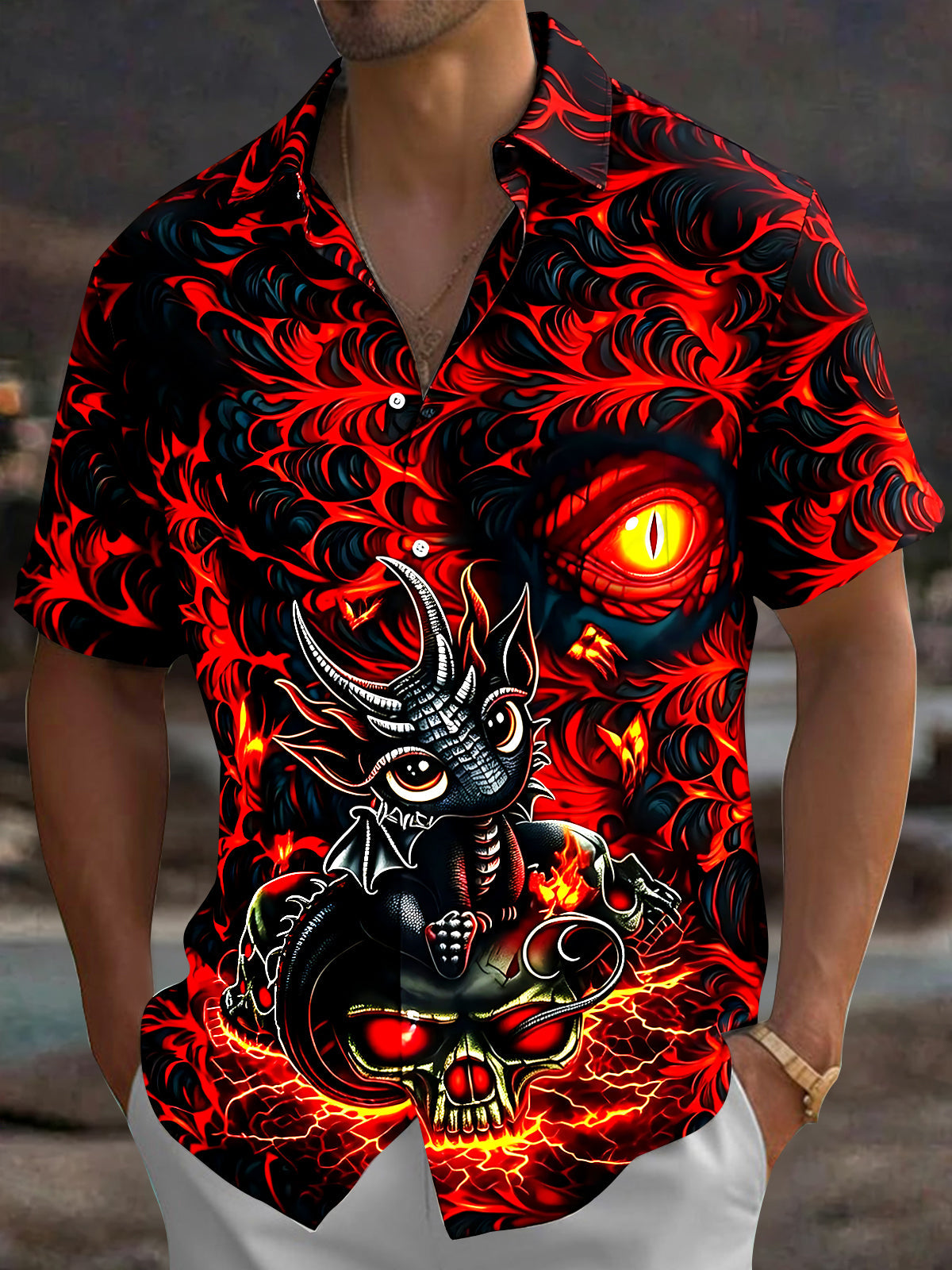 Dark Dragon Eyes Abstract Flame Men's Pocket Short Sleeve Shirts