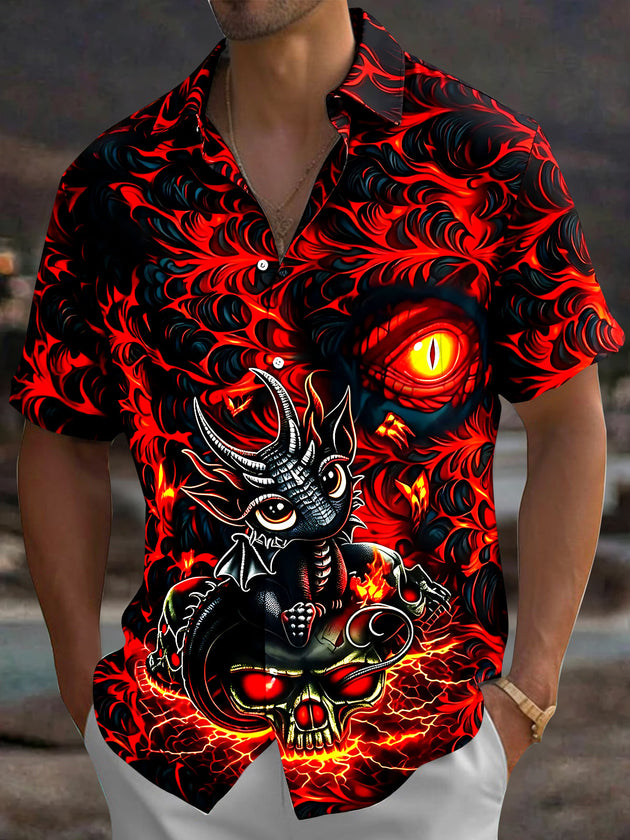 Dark Dragon Eyes Abstract Flame Men's Pocket Short Sleeve Shirts