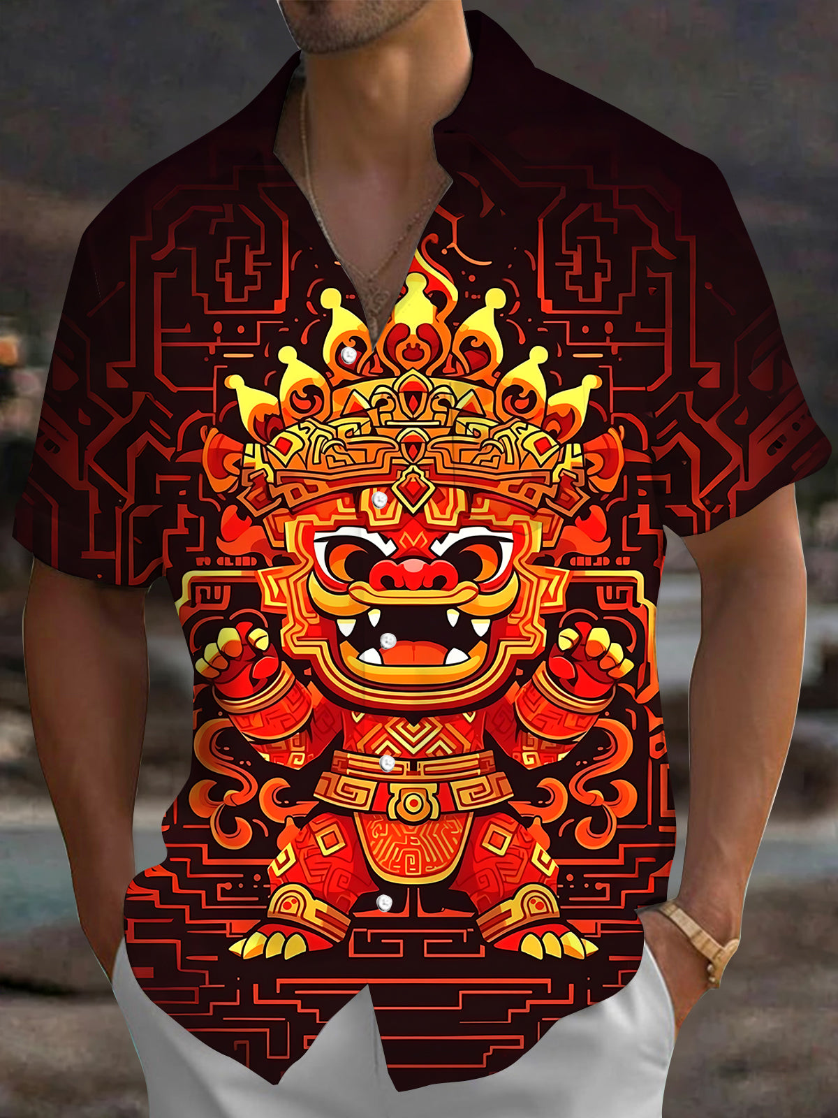 Chinese Lion Dance Men's Pocket Short Sleeve Shirts