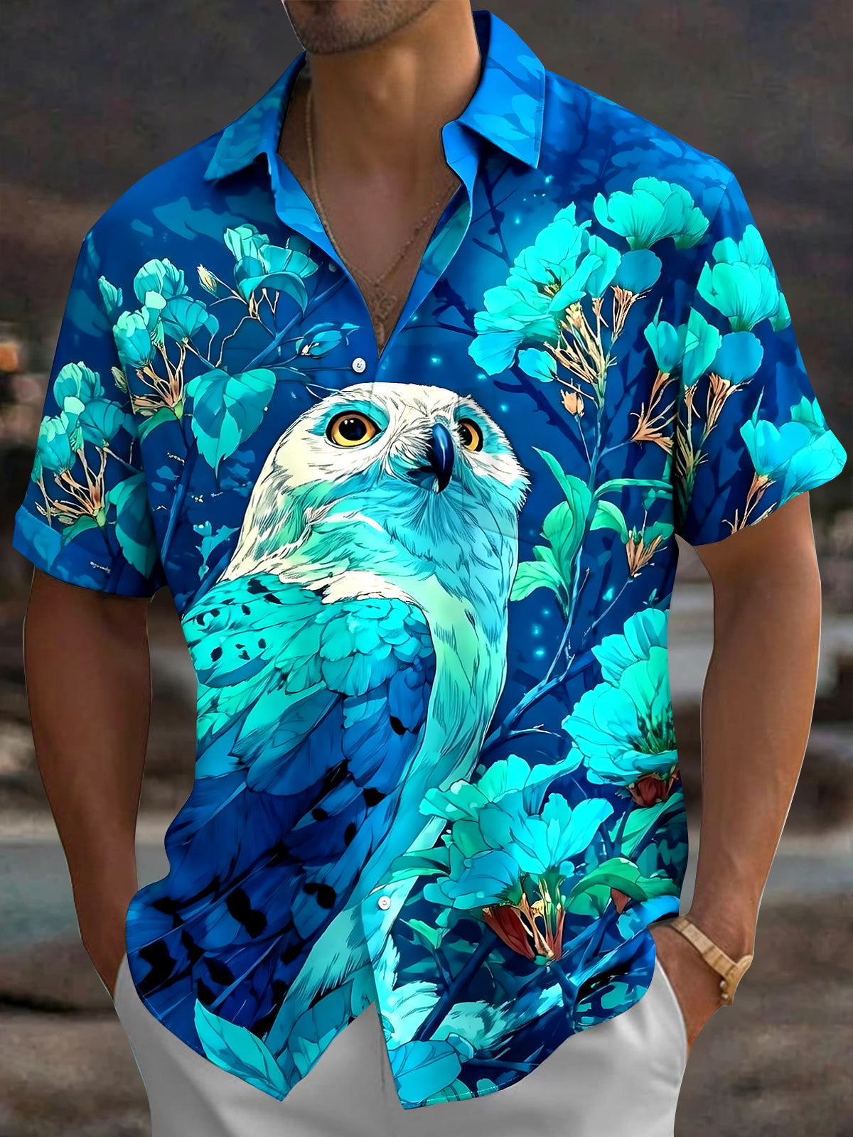 Owl Floral Men's Pocket Short Sleeve Shirts