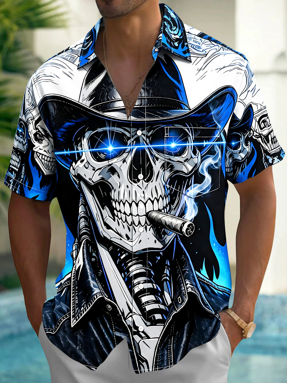 Western Cowboy Skull Men's Pocket Short Sleeve Shirts