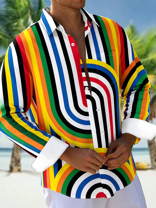 Colorful Geometry Stripes Men's Pocket Long Sleeve Shirts