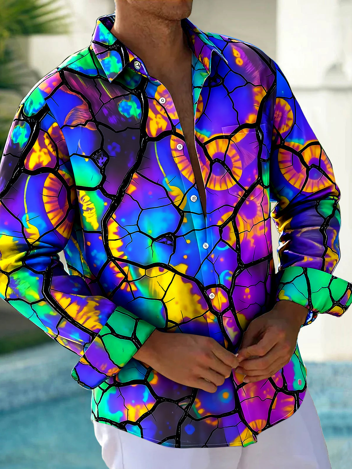 Colorful Crack Glass Men's Pocket Long Sleeve Shirts