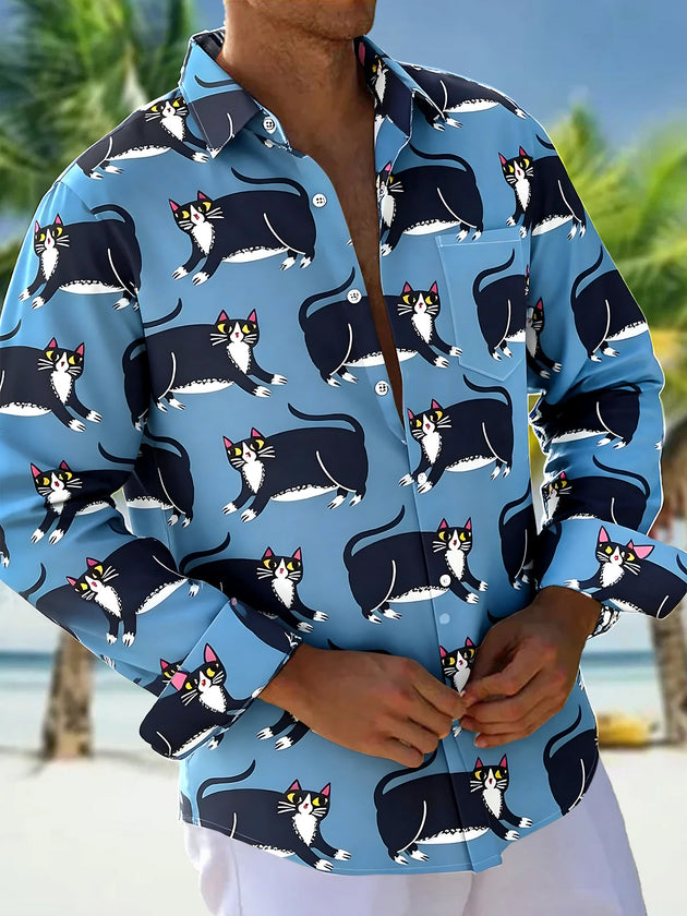 Cartoon Cat Men's Pocket Long Sleeve Shirts