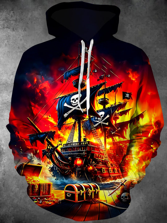 Dark Pirate Ship Men's Long Sleeve Pocket Hooded Sweatshirt
