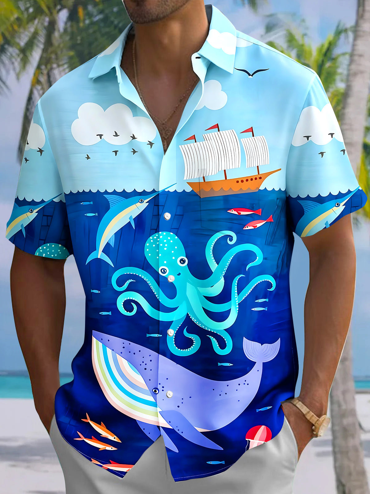 Adaychic Men's Tropical Octopus Whale Ship Print Short Sleeve Button Down Shirt with Chest Pocket