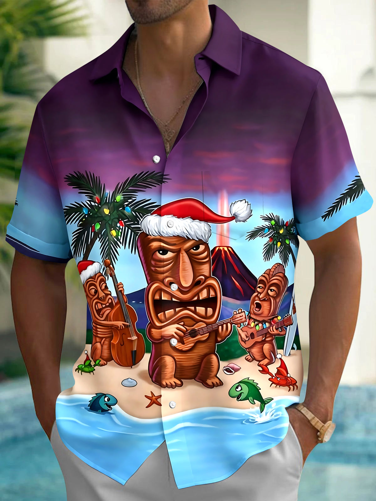 Adaychic Men's Hawaiian Tiki Island Print Short Sleeve Button Down Shirt with Chest Pocket