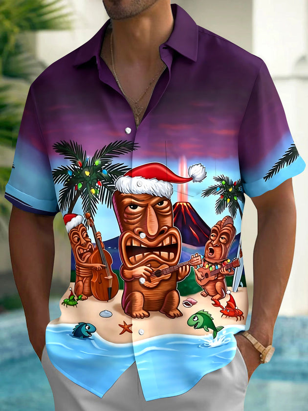 Hawaiian Christmas Tiki Band Coconut Tree Men's Pocket Short Sleeve Shirts