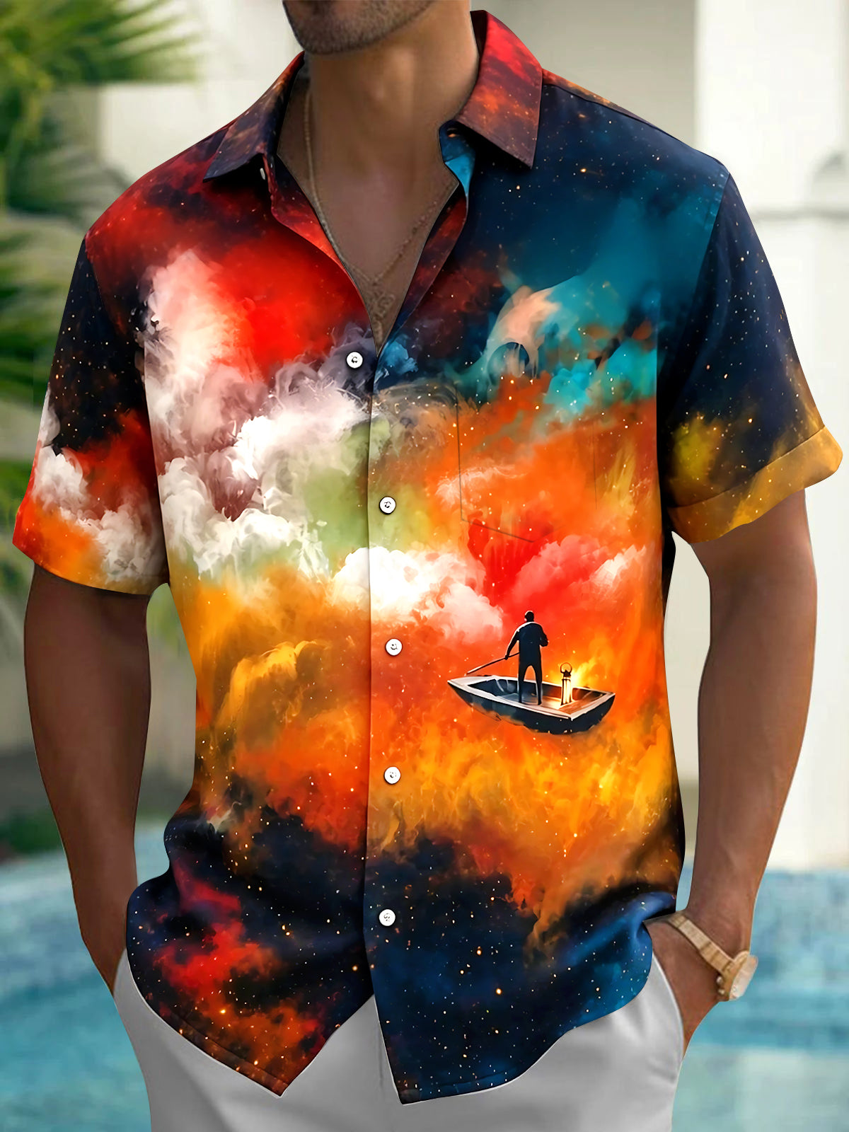 Adaychic Men's Tie Dye Cloudy Sky Boat Short Sleeve Button Down Shirt with Chest Pocket
