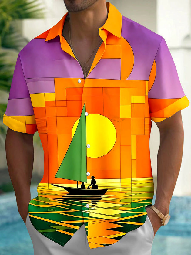 Hawaiian Colorful Geometry Boat Sunset Men's Pocket Short Sleeve Shirts