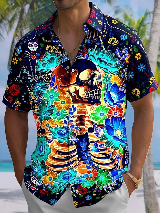 Colorful Skull Floral Men's Pocket Short Sleeve Shirts