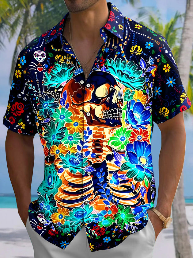Colorful Skull Floral Men's Pocket Short Sleeve Shirts