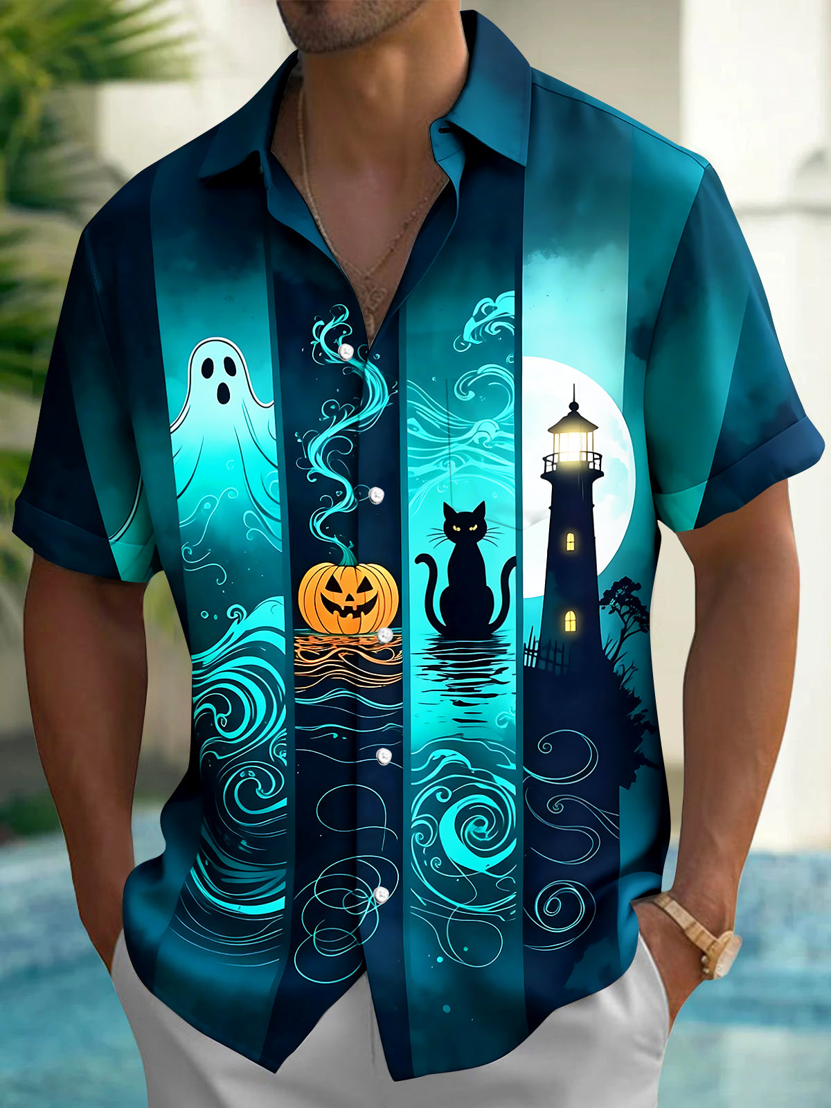Adaychic Men's Ghost Pumpkin Cat Graphic Short Sleeve Button Down Shirt with Chest Pocket
